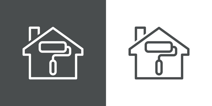 Logotipo con rodillo de pintura en contorno de casa con lineas en fondo gris y fondo blanco