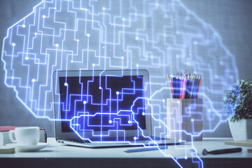 Double exposure of desktop computer and human brain drawing hologram. Ai concept.