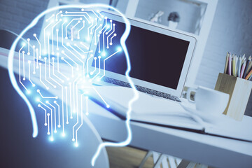 Double exposure of work space with computer and human brain drawing hologram. Brainstorm concept.