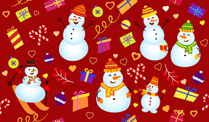 Winter pattern with snowmen, gifts and confetti. Family Snowman on dark red background. Vector Seamless pattern. can be used for Christmas cards or wrapping paper.