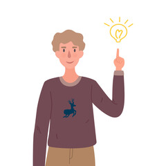Fototapeta na wymiar Young man pointing light bulb. Idea, creative, thinking concept. Vector illustration.