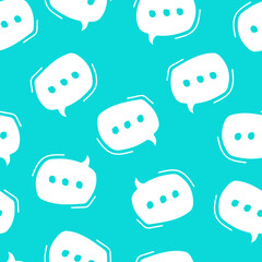 Chat bubble pattern. Seamless pattern, white speech bubbles on blue background. Hand drawn doodle talking bubbles. Dialog in social media. Vector illustration.