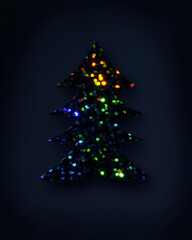 Christmas tree with sparkle lights. Top view. Holiday concept wallpaper.