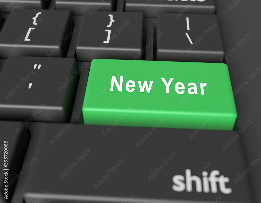 Poster celebration concept. words new year on button of computer keyboard