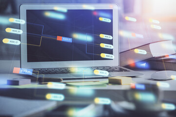 Multi exposure of desktop computer and technology theme hologram. Concept of software development.