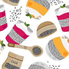 Vector hand drawn pattern of chia pudding and seeds. Chia pudding, chia seeds pattern. Superfood. Food illustration. Vegetarian.