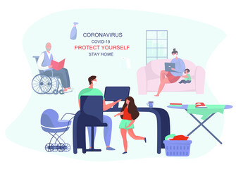 Remote Work or Study at Home and Household Chores. Cooking,Washing,Cleaning.Family with Children Doing Remote Freelance Job.Mother Freelancer Can't Work Productively.Flat Vector Illustration