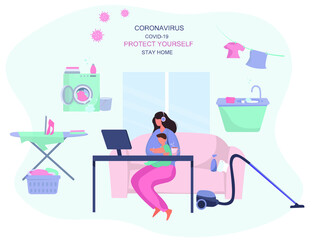 Remote Work or Study at Home and Household Chores. Cooking,Washing,Cleaning.Mother Doing Remote Freelance Job with Computer Online during Coronavirus. Can't Work Productively. Flat Vector illustration