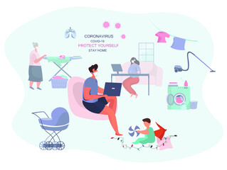 Fototapeta na wymiar Remote Work or Study at Home and Household Chores. Cooking,Washing,Cleaning.Family with Children Doing Remote Freelance Job.Mother Freelancer Can't Work Productively.Flat Vector Illustration