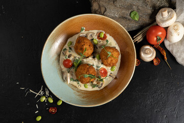 Fototapeta na wymiar Meatballs with mushroom cheese sauce, beans and herbs. Three round chicken or pork cutlets or meatballs with champignon mushrooms on a black stone kitchen table.