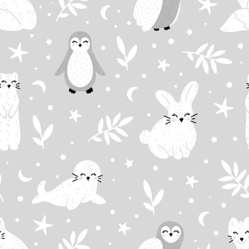 Cute wildlife winter animals: ermine, arctic fox, rabbit, seal, penguin and owl monochrome hand drawn seamless pattern in Scandinavian style vector illustration.