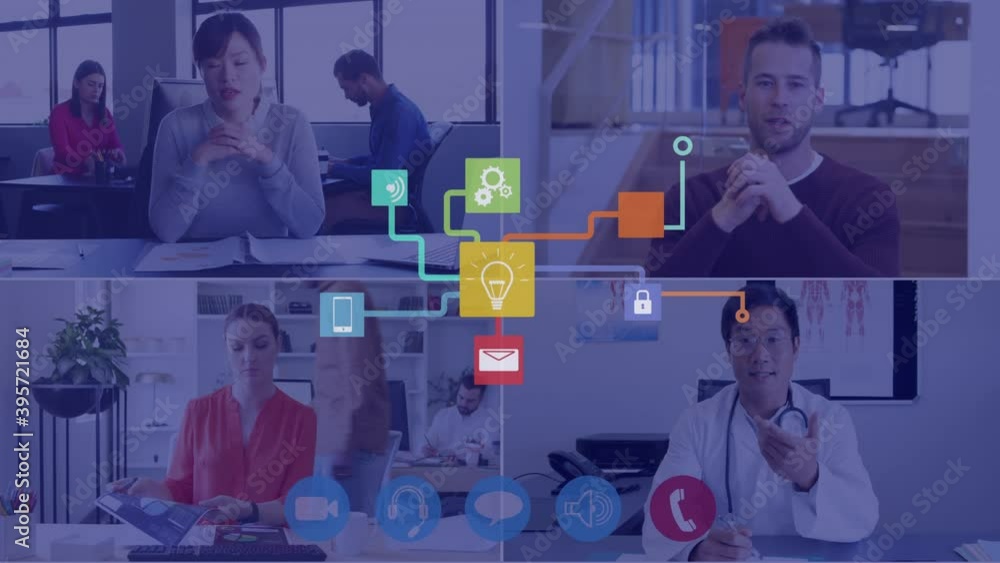 Poster digital interface with icons on screen with people talking on video call