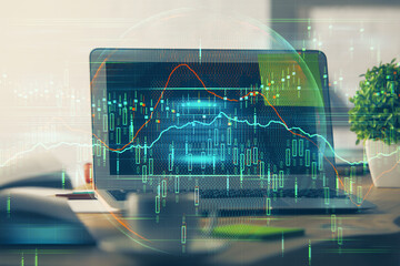 Double exposure of chart and financial info and work space with computer background. Concept of international online trading.