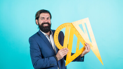 happy math teacher use protractor and triangle tool, school education