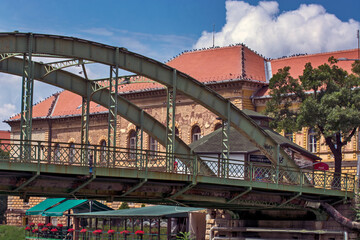 Fototapeta premium Bridge in the city and pigeons on the roof