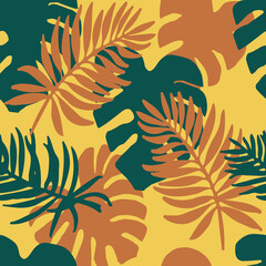 Fototapeta na wymiar Seamless pattern of gold and green palm, banana, and monstera leaves on an orange background .Cute vector background with tropical leaves. Vector illustration in flat style