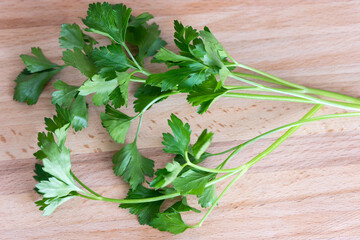 Green parsley - seasoning food on the background of a wooden board.