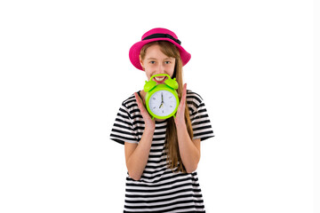 Fototapeta na wymiar Teen Girl holding alarm Clock, isolated on white background. Portrait of caucasian teenager showing alarm clock.