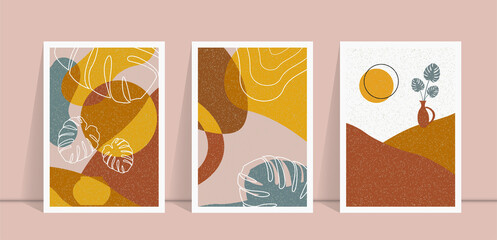 Set of minimal cover poster designs for decor and fashion with monstera leaf, nature, landscape and plant. Modern art work in minimalist style, vector background illustation. © Phantasm