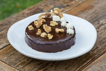 Chocolate cake with nuts.