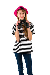 teenage girl looking to globe with binoculars isolated on white background.