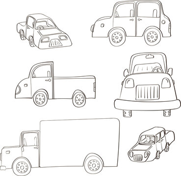 Set of hand-drawn cars on doodle style. Vector illustration.