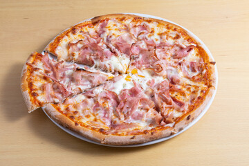 pizza carbonara with bacon, cheese, sauce, egg