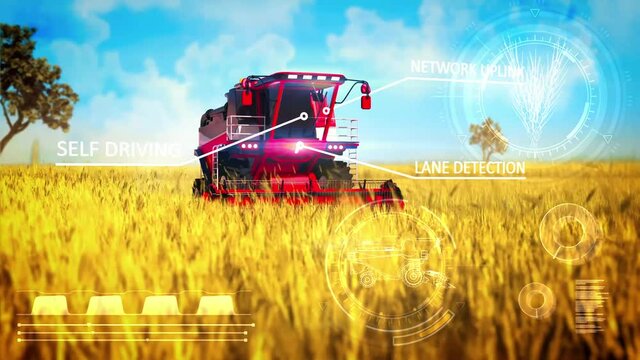 Industrial 3D 4K 60 fps animation with digital overlays of automated harvester working on the farm field