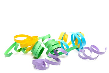 Colorful paper ribbon curls, decoration for celebrations isolated on white background