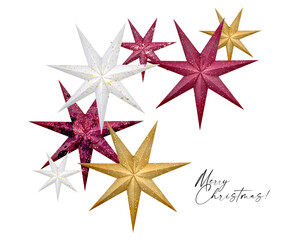 Watercolor Christmas stars arrangements, Merry and bright Christmas decorfor greeting cards, templates, webdesign. scrapbooking