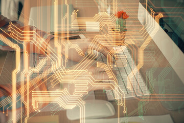Fototapeta na wymiar Technology theme hologram with man working on computer on background. High tech concept. Double exposure.
