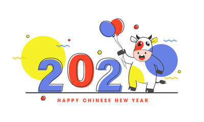 Vector Illustration Of 2021 Number With Cartoon OX Holding Balloons On White Background For Happy Chinese New Year.