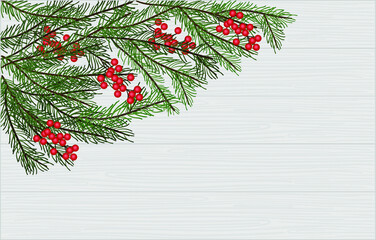 Christmas fir branch with berries on a light wooden background with copy space, flat vector illustration