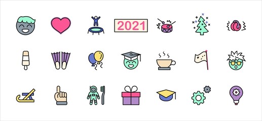 International World Day of Children's Inventions Set Line Vector Icon. Contains such Icons as Toothbrush astronauts, Trampoline, Flippers, Frozen juice, earmuffs. Editable Stroke. 32x32 Pixel Perfect