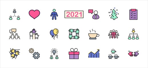 Set of Team Work Related Vector Line Icons. Contains such Icons as Handshake, Check, Idea, Coffee, Gears, Cooperation, Collaboration, Team Meeting and more. Editable Stroke. 32x32 Pixel Perfect