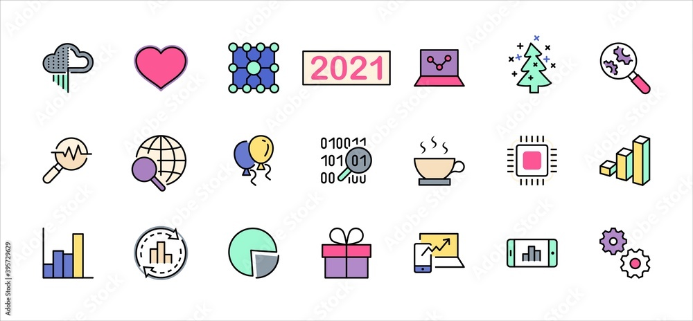 Poster yellow set data analysis related technology vector line icons. contains such icons as charts, search