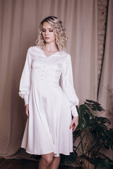 Close up woman portrait. Elegant fashionable caucasian beauty girl in white dress