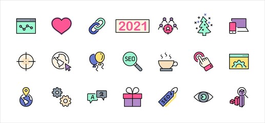 Set of SEO Related Vector Line Icons. Contains such Symbols as Web icon, Eye, Localization, Link, Traffic, Translate, Performance Tracking, Point and more. Editable Stroke. 32x32 Pixel Perfect.