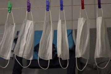 medical masks on a clothesline