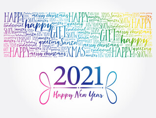 2021 Happy New Year. Christmas background word cloud concept
