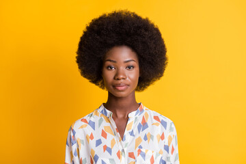 Close up photo of young person content face look camera isolated on vibrant yellow color background
