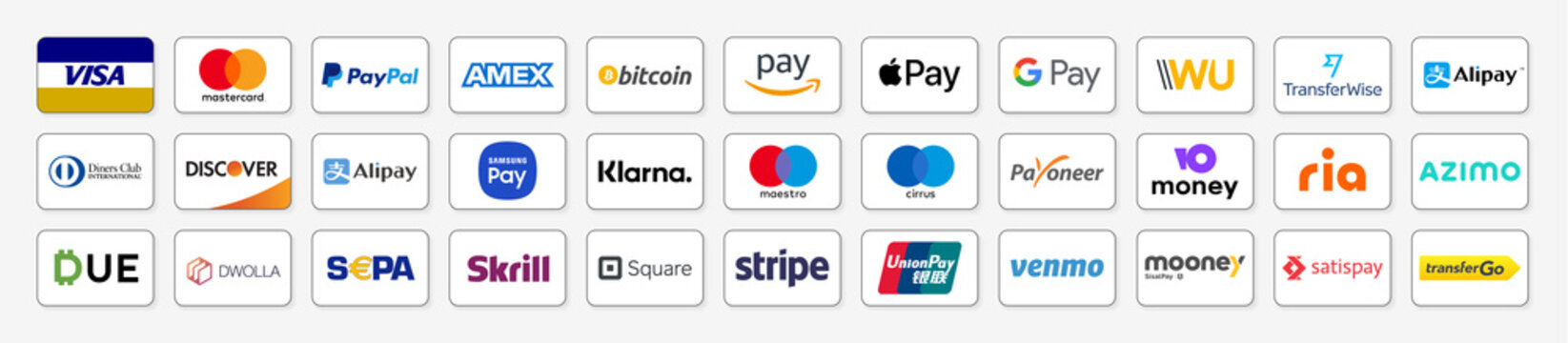 Online payment methods icons set, card company logo: Paypal, Visa, Mastercard, Bitcoin, Amazon Pay, Apple Pay, Alipay… E-commerce payments Buttons.