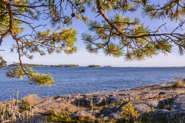 Overlooking the Baltic sea in early morning from a small rocky island on the coast of Sweden