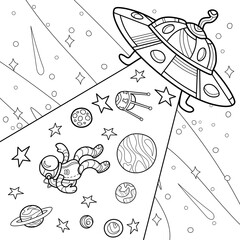 Coloring antistress page for adults 
and children. UFO kidnaps planets, stars, satellite and astronaut