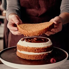 in a bakery a girl collects a cake from cakes smeared with cream