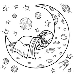 Coloring antistress page for adults 
and children. Astronaut sleeps on the lunar month