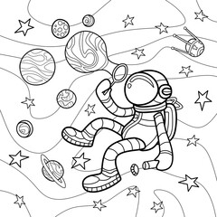 Coloring antistress page for adults 
and children. Astronaut and soap bubbles in the form of planets on space background