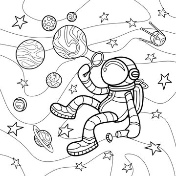 Coloring antistress page for adults 
and children. Astronaut and soap bubbles in the form of planets on space background