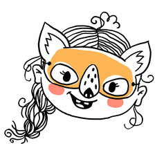 Hand-Drawn Lineart Clipart. Girl in funny animal mask.