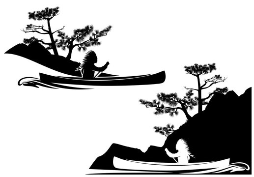 recommend clip art: north american indian rowing in traditional boat with river bank silhouette - black and white vector design set for wilderness adventure pursuit